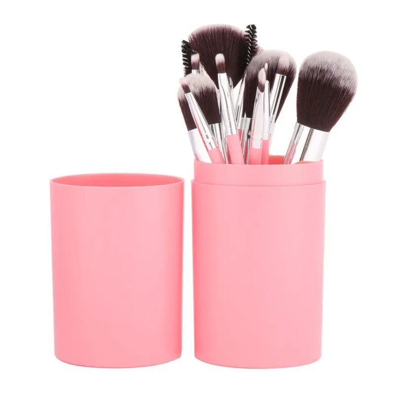 Makeup Brushes 12PCS Set in Leather Cup Holder Case pink