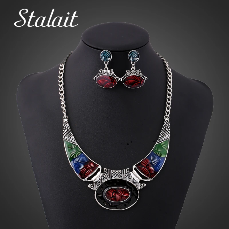 

New Arrival Lucite Egg Silver Color Retro Lines Oval Dripping Color Statement Necklace Earring Jewelry Set For Women Wedding