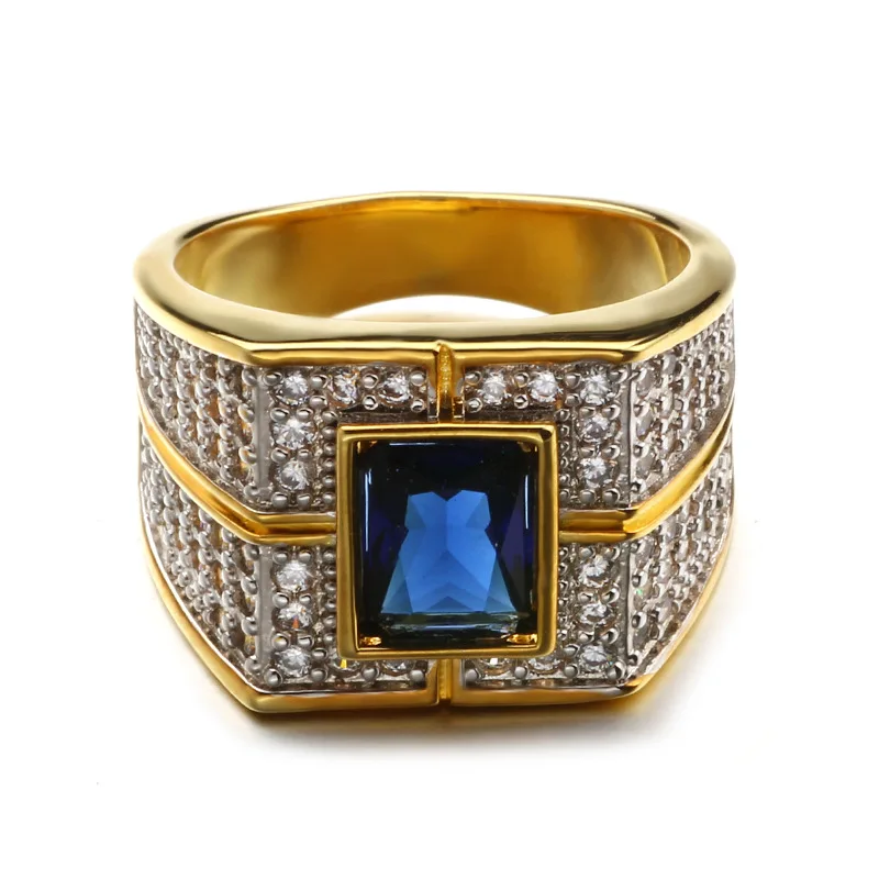 Мужское Шикарное Кольцо в стиле хип-хоп Iced Out золотого цвета с квадратным синим камнем, стразы Cz, роскошное мужское кольцо, модное кольцо на палец, Прямая поставка