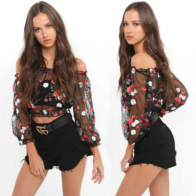 

Sexy Mesh Embroidery Off-shoulder Short Top Slash Neck Blouses Summer Spring Fall Women Floral Embroidery Long Sleeve Tee Shirts