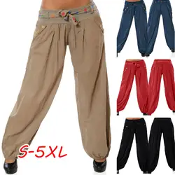 Большие размеры women женские шаровары для женщин, с эластичным поясом карманные брюки ширина ремешка свободный крой брюки женские