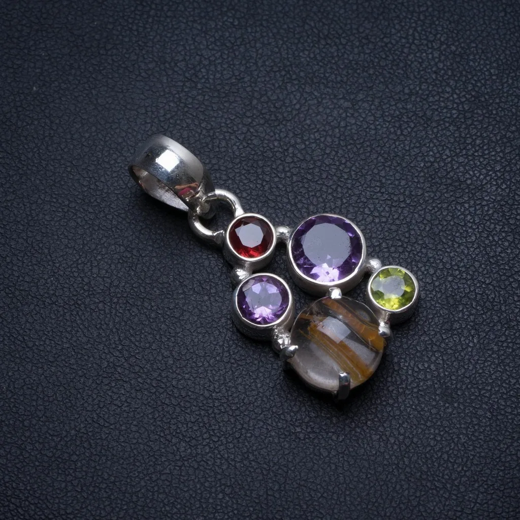 

Natural Golden Rutilated Quartz,Amethyst,Peridot and Garnet Handmade 925 Sterling Silver Pendant 1 1/2" T2671