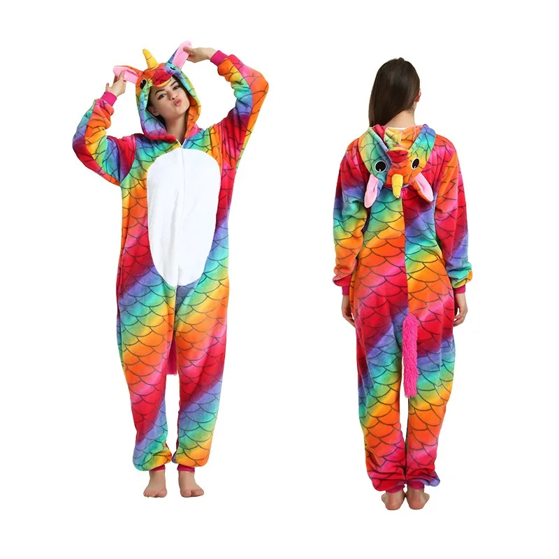 Зимние пижамы с животными для взрослых комплекты пижамы с рисунком единорог пижамы стежка Unicornio для женщин теплые фланелевые с капюшоном высокого качества - Цвет: Fish scales