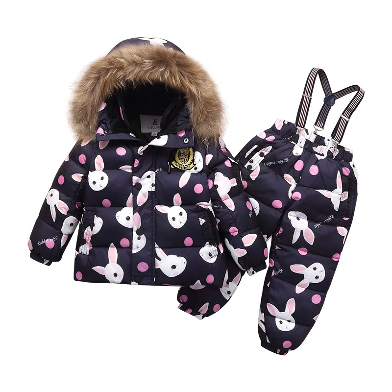 Girls Boy Snowwear Kids Winter Jumpsuit Windproof Waterproof Warm Duck Down Jacket Pants Snowboarding Children Clothing Set Suit - Цвет: Cartoon Rabbit