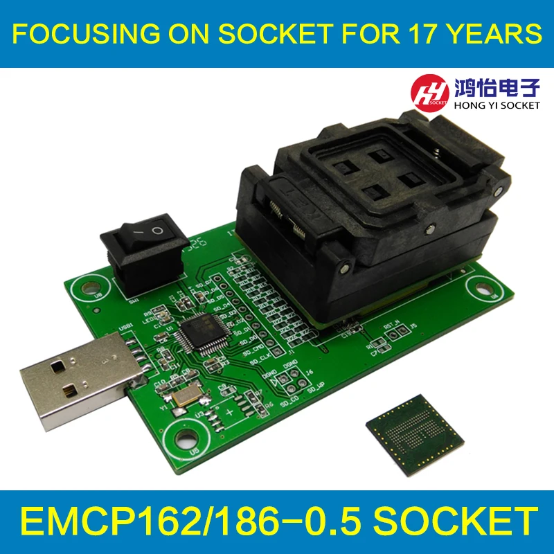 

eMCP162 Socket to USB, for BGA162 BGA186 testing, Chip Size 11.5*13mm, eMCP programmer Clamshell Test Socket For Data Recovery