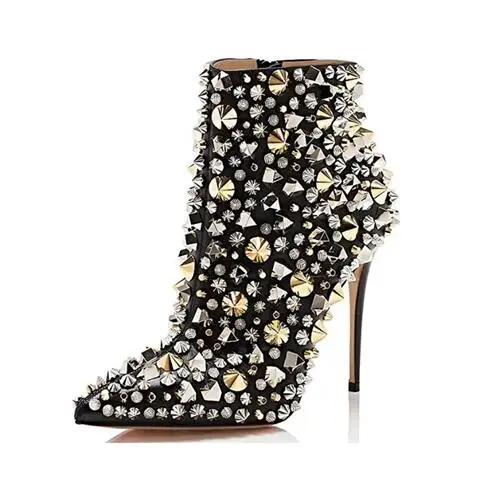 

Spring Ladies Sequins Silver Gold Full Metal Rivets Studs Ankle Boots Pointed Toe Female Footbridge Bling High Heel Boots Women