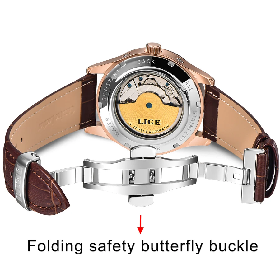 Lige Brand Classic Mens Retro Watches Automatic Mechanical Watch Tourbillon Clock Genuine Leather-5