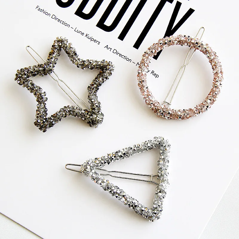 1Pcs Fashion Crystal Rhinestones Hair Clip Hairpin Star Triangle Round Shape Women Hair Clips Barrettes Hair Styling Accessories