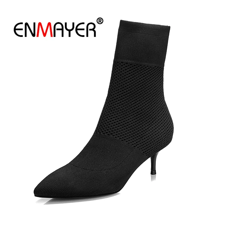 

Enmayer Women Ankle Boots Fashion Boots Shoes Size 34-39 Causal High Heels Thin Heels Pointed Toe Slip on Knitting boots CR1410
