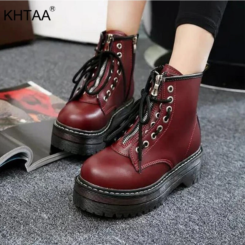 

Platform Ankle Black Zipper Party Women's Boots Solid Thick Bottom Medium Heels Rubber Fashion Boot Lace Up Black Brown Shoes