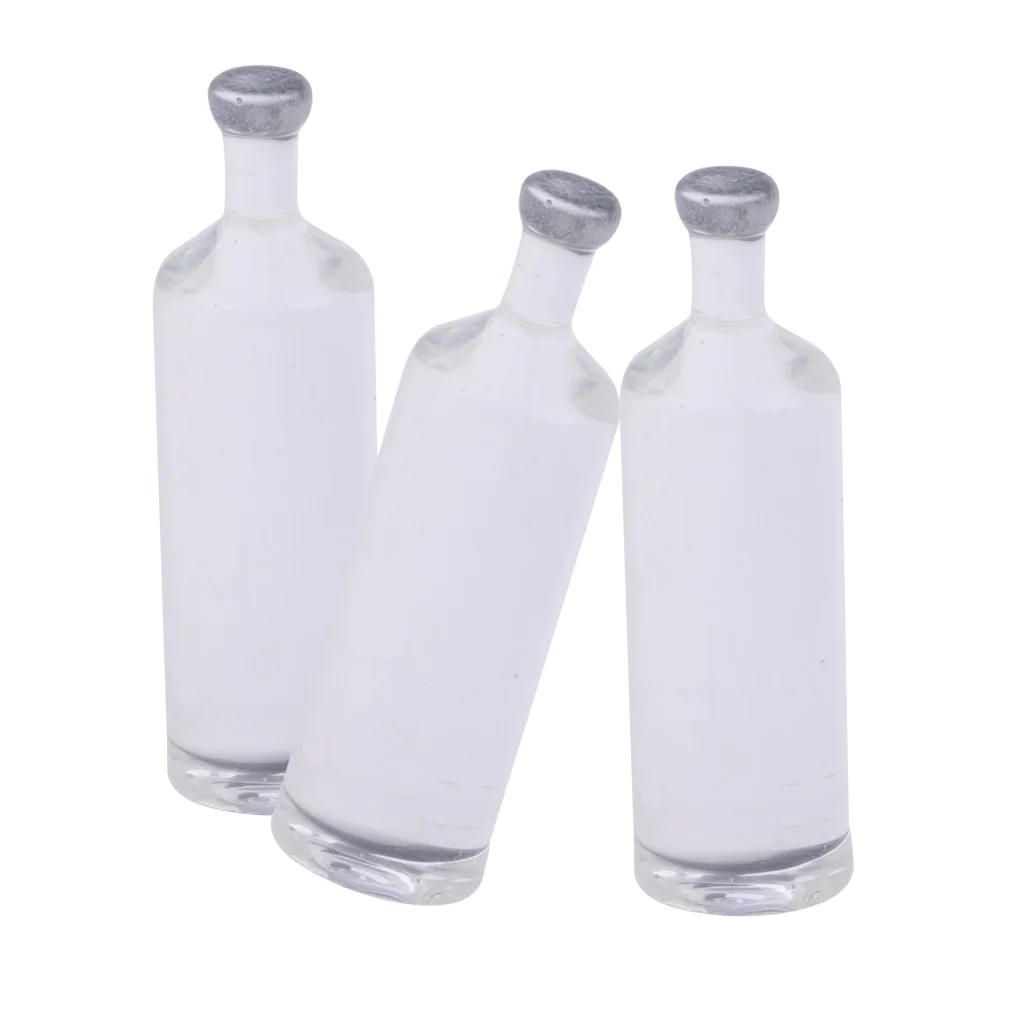 Three Bottles Of White  Wine Beer Bottles - Dollhouse Miniature 1/12 Scale Plastic PVC Dollhouse Miniatures Drink Bottle