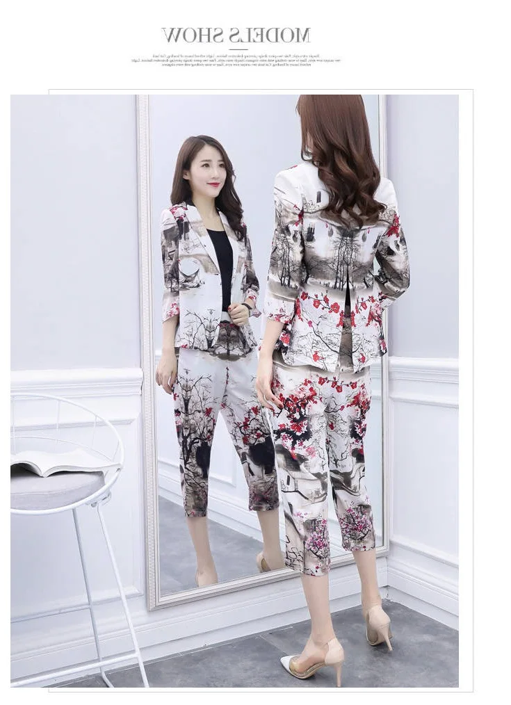 Women's suit set 2019 summer new thin section fashion retro print small suit fashion slim pants two-piece suit