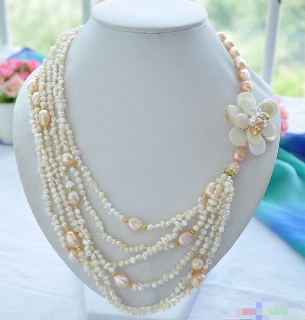 

Wholesale FREE SHIPPING >>> P4405 6row 19" pink white baroque freshwater pearl shell flower necklace