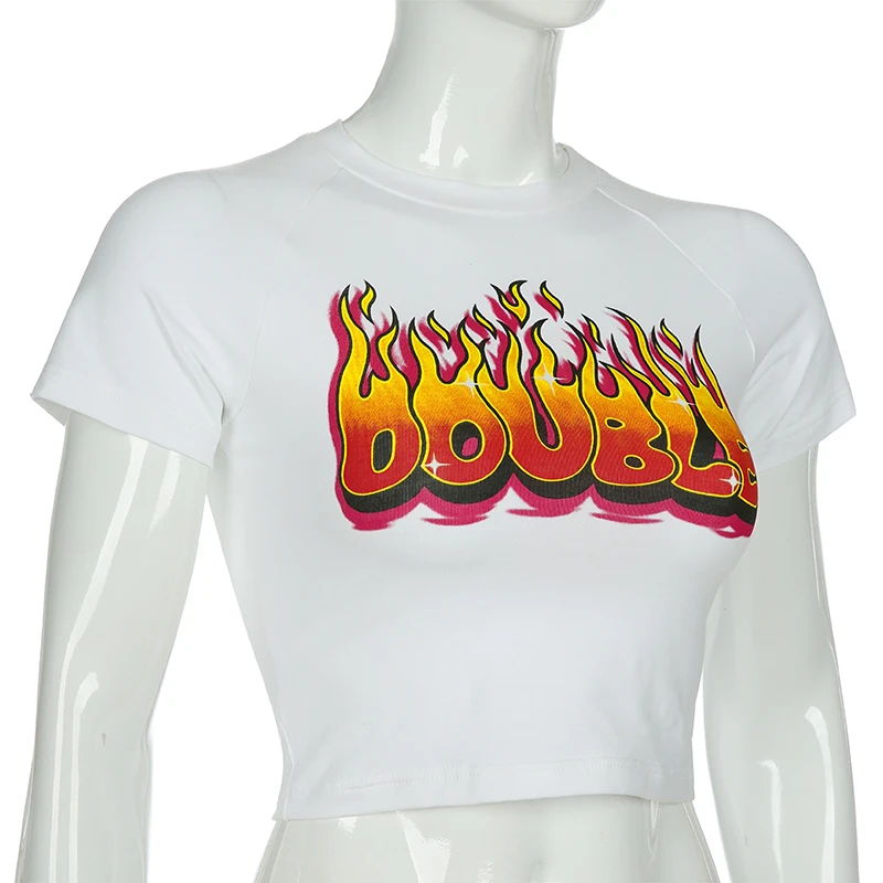 HEYounGIRL с принтом огня, базовые женские футболки, повседневный короткий рукав, короткий топ, футболка, женская белая Harajuku футболка, женская летняя футболка