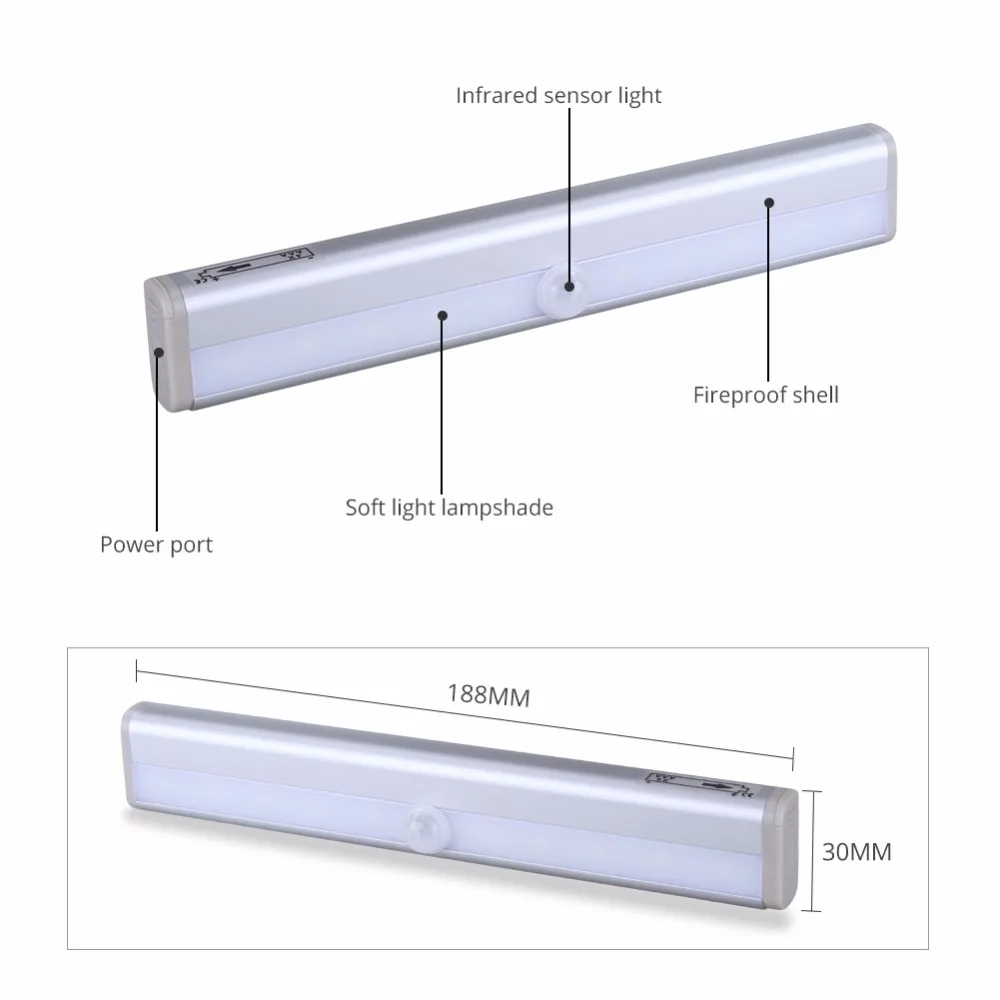 10 светодиодов PIR датчик движения под шкафом свет 4 с питанием от аккумуляторной батареи AAA беспроводной умный выкл/на ночную лампу аварийное освещение
