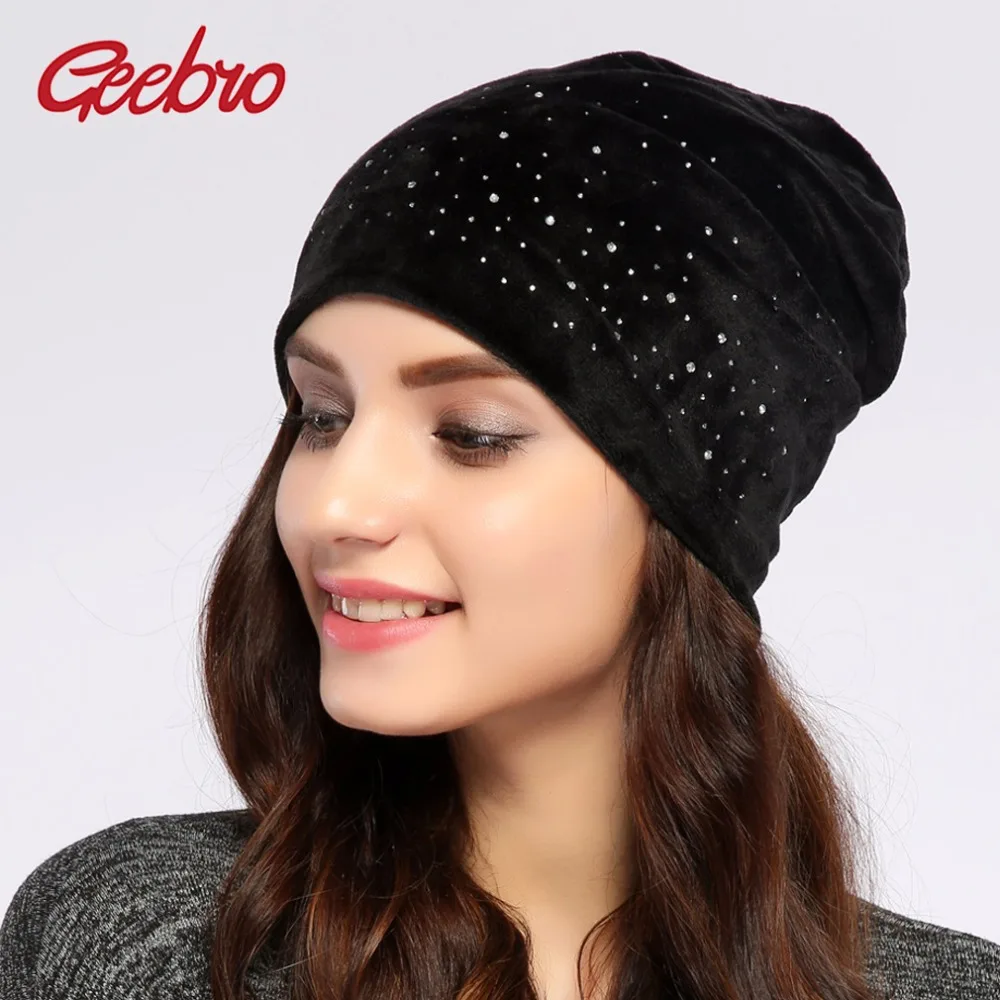 Женская бархатная шапка Geebro Повседневная вязаная со стразами|beanies for women|women