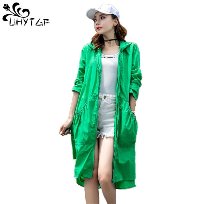 

UHYTGF Women summer trench Coats Female Long Sun protection tops Hooded Long Sleeve Tops Cardigan Thin trench Coats Ladies X271
