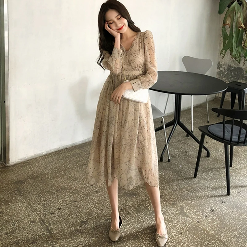 

BGTEEVER Fashion Chiffon Floral Print Full Sleeve Women Dress Elegant V-neck Slim Waist Lace Up Female A-line Party Dresses 2019