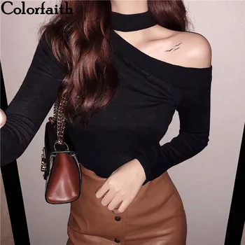 

Colorfaith Women Pullovers Sweater 2019 Knitted Autumn Spring Fashion Bottoming Sexy Off the Shoulder Elegant Ladies Tops SW9989