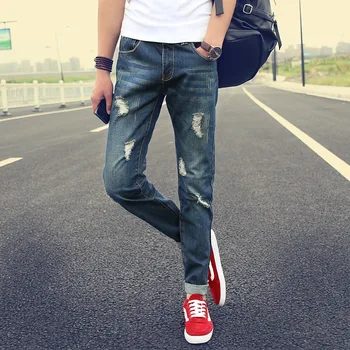 

Top quality 2020 Fashion Spring autumn Young scrape foot Ripped hole beggar Denim Slim jeans men Casual hip hop trousers