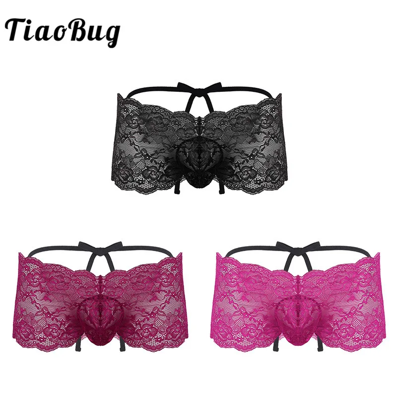 

TiaoBug Mens Lingerie See Through Floral Lace Up Low Rise Sissy Panties String Pouch Thong Lace Briefs Sexy Gay Tanga Underwear
