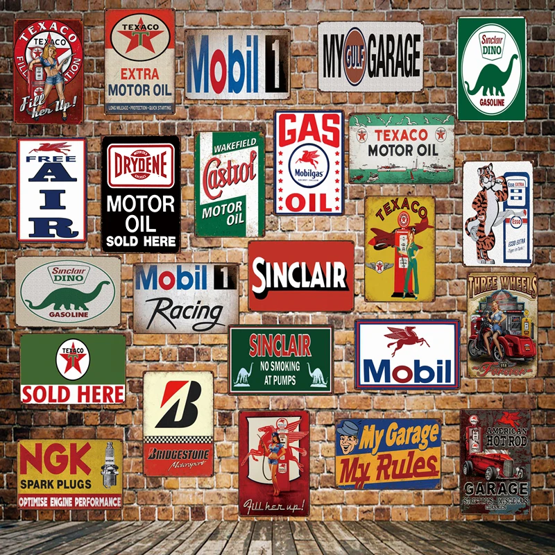 [Mike86] настенный постер TEXACO MOBIL casrol Sinclair ESSO с мотором и металлическим знаком для