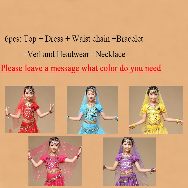 5 цветов, костюмы для танца живота, Детские Костюмы Болливуда для индийского представления, танцевальная одежда, детские костюмы для восточных танцев, комплект одежды для девочек - Цвет: 6pcsRemark thecolor