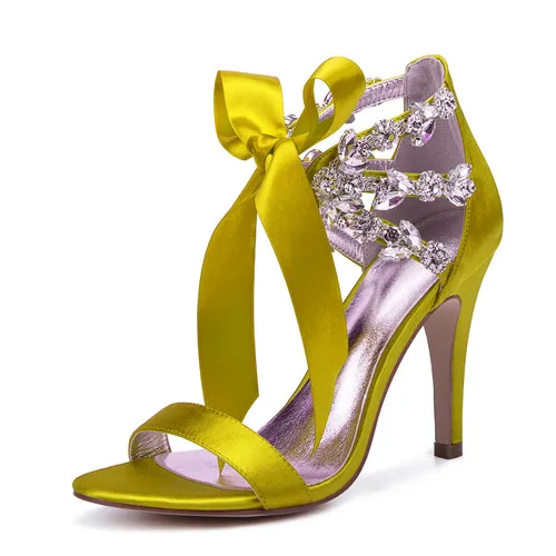 OnnPnnQ на высоком каблуке Стразы Свадебная Свадебные сандалии с открытым носком Ремешок на щиколотке туфли на высоком каблуке для выпускного вечера вечерние атласное платье Летняя обувь - Цвет: yellow
