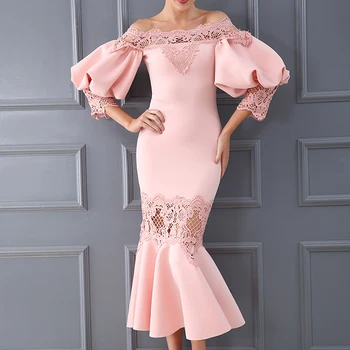 

Top Quality Slash Neck Bandage Dress Elegant Women Fashion Celebrity Evening Party White Pink Lace Dresses
