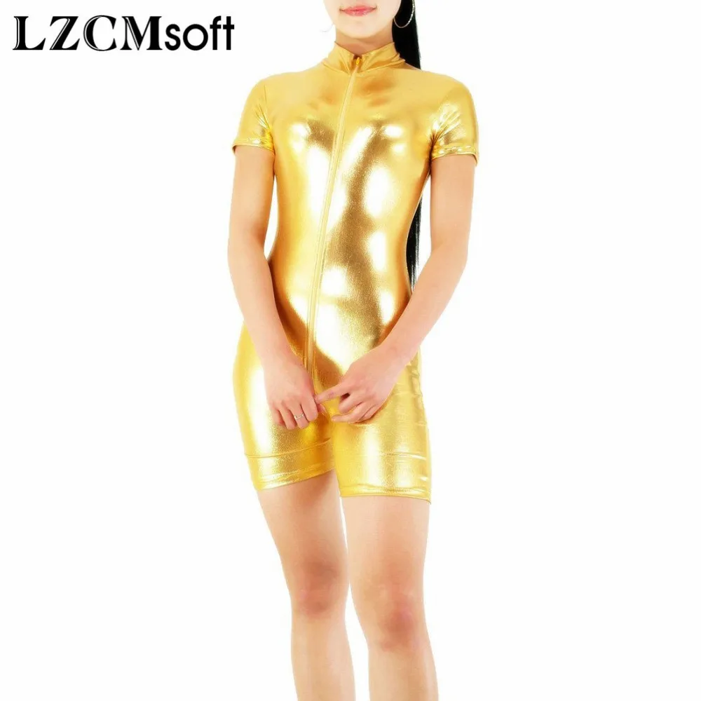 

LZCMsoft Adult Gold Shiny Metallic Unitard Women Spandex Turtleneck Short Sleeve Biketard Unitards Dancewear Crotch Zipper