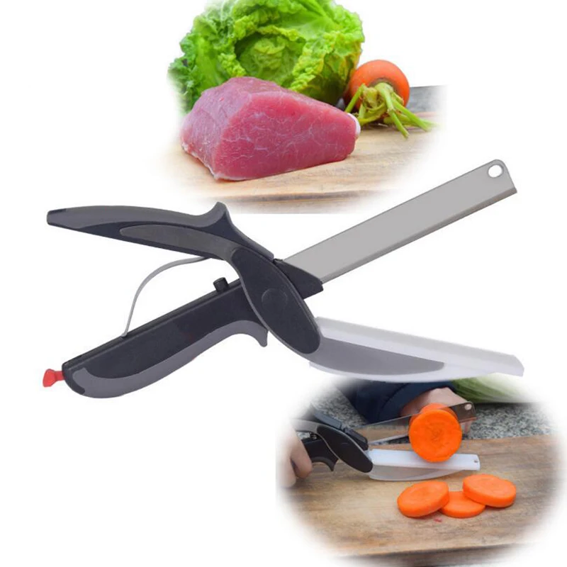 Clever Cutter 2 in 1 Kitchen Knife Cutting Board Scissors Vegetables Fruit Tools Multifunctional