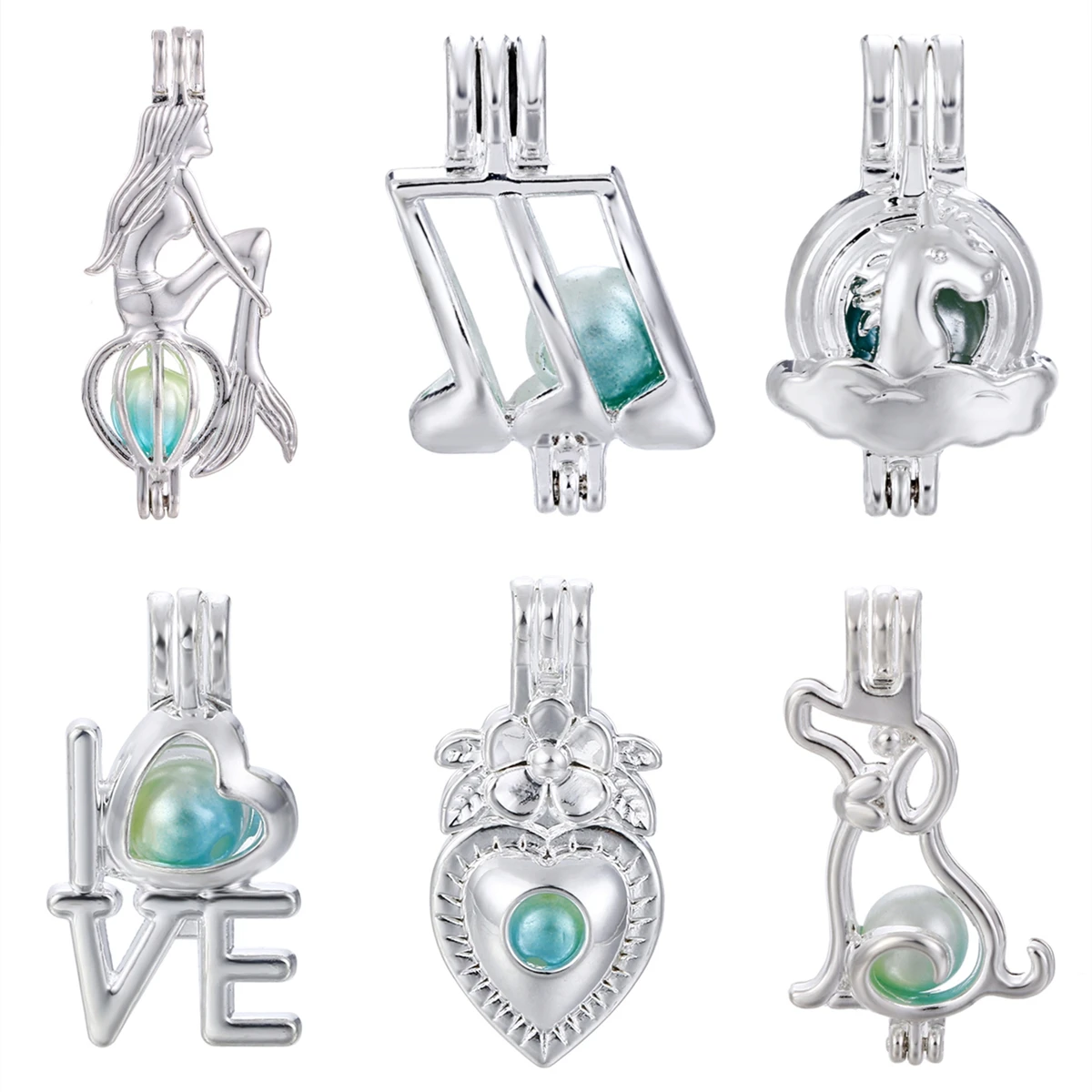

5pcs Bright Silver Mermaid Dog Love Pearl Cage Locket Pendant for Aroma Perfume Essential Oil Diffuser Bracelet Necklace Making