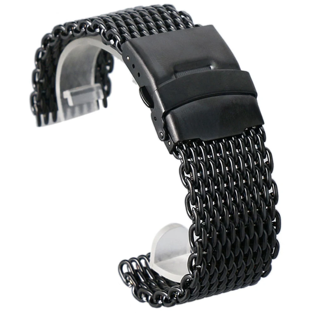 

18/20/22/24mm Black Mesh Stainless Steel Watch Band Fold Over Clasp with Push Button Watchstrap Men Watches Replacement Bracelet