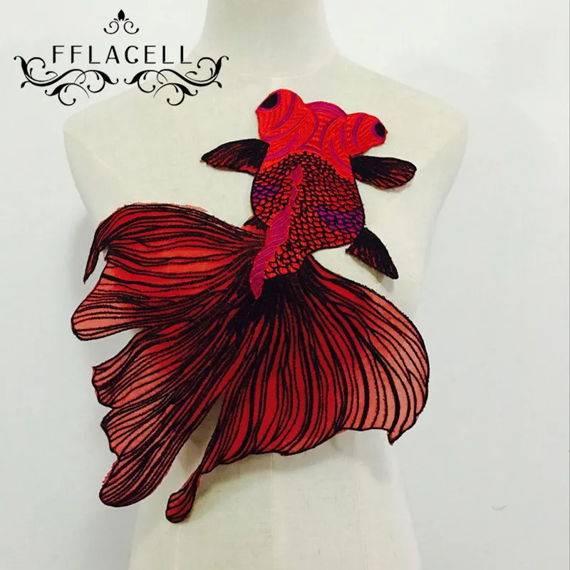 

1PC 39*36cm Big Fish Embroidered Patches Sewing for Clothes Applique Diy Accessory Suppliers Sticker Lace Neckline collar