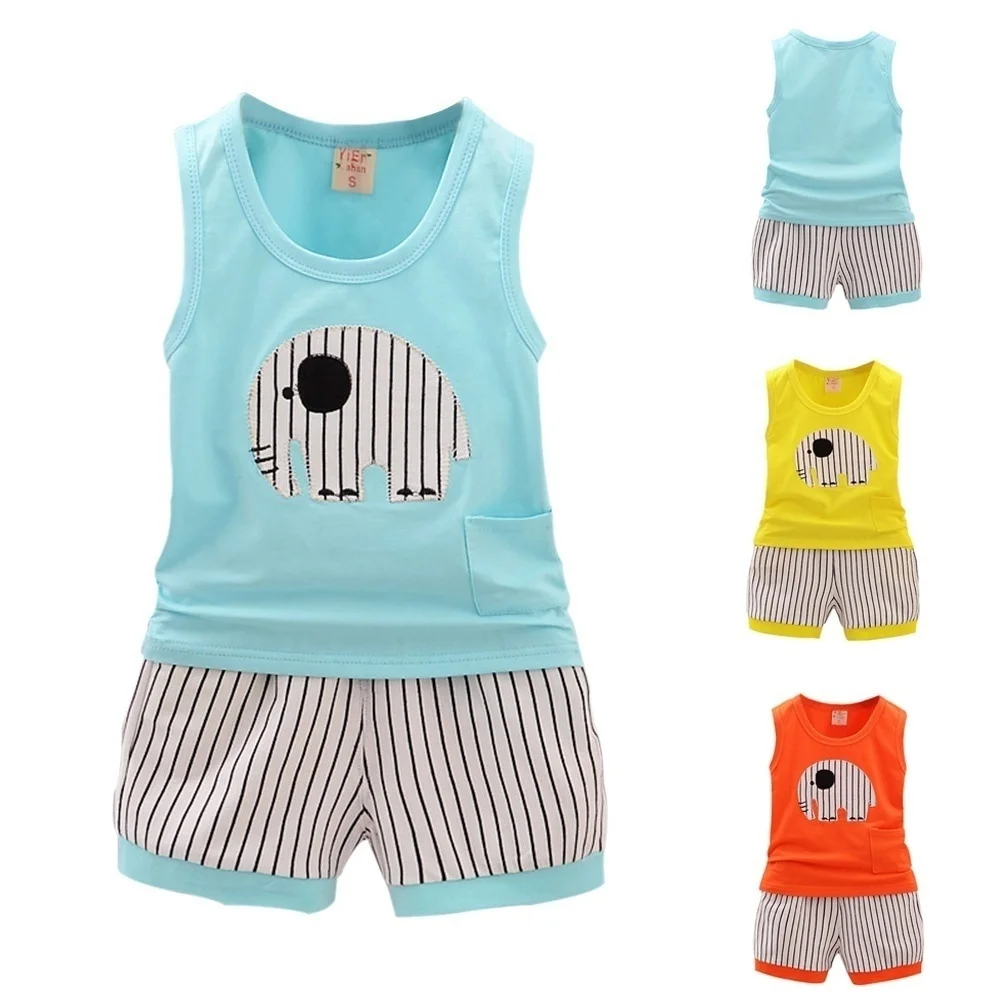 

Hot 2pcs Summer Kid Clothes Set Cotton Sport Suit Cartoon Style Vest Stripe Shorts