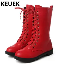 NEW Spring/Autumn Children Motorcycle boots Girls Ankle Strap High Boots Student Genuine Leather Mid-Calf Kids Shoes 044