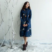 Women national Style Winter Bottoming Cotton Dress Ladies Bird Print Thick Robes Retro Turtleneck Print Chinese