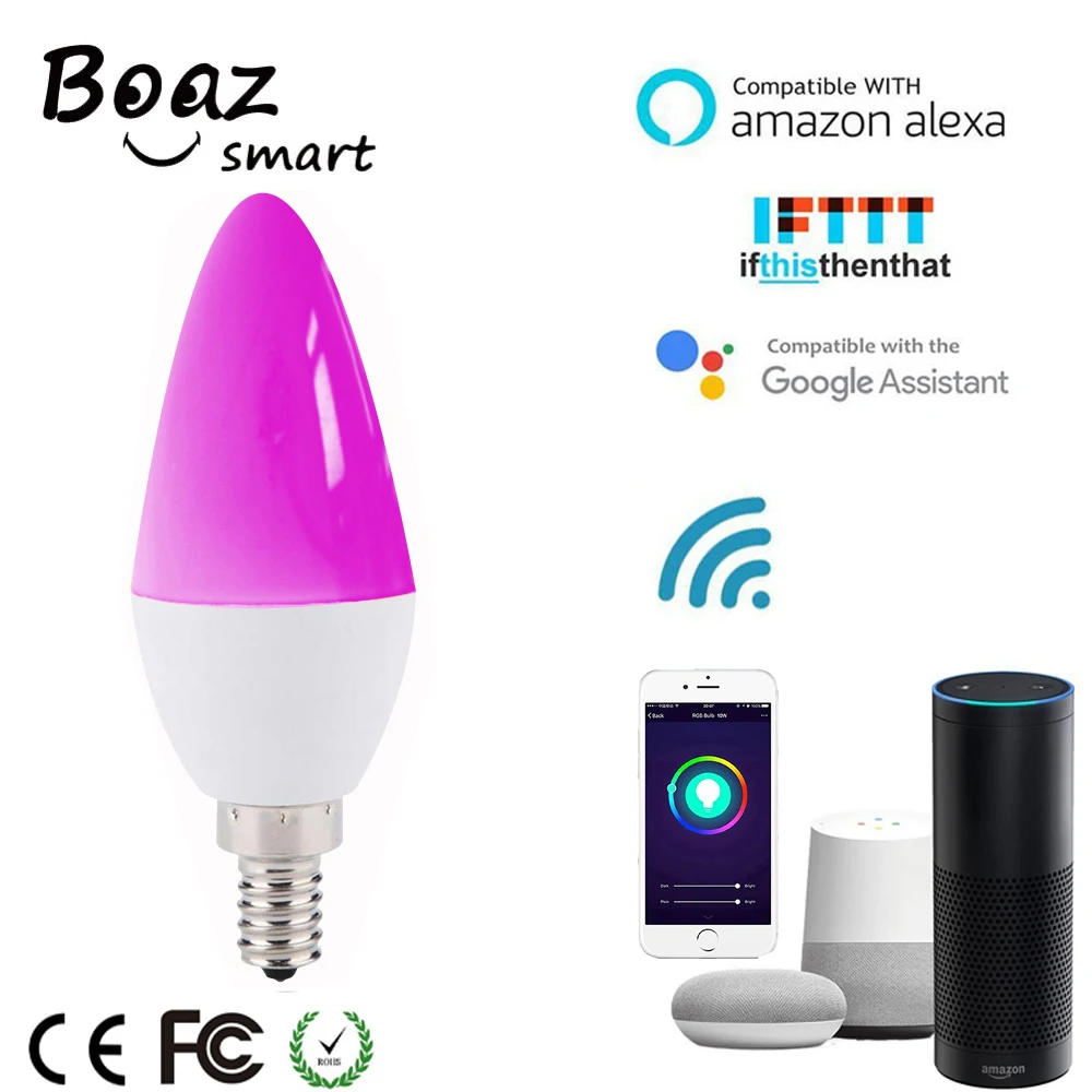 Boaz-EC Smart Wifi E14 светильник-свеча, лампа с дистанционным управлением, умный светильник с регулируемой яркостью Alexa Echo Google Home IFTTT Tuya Smart