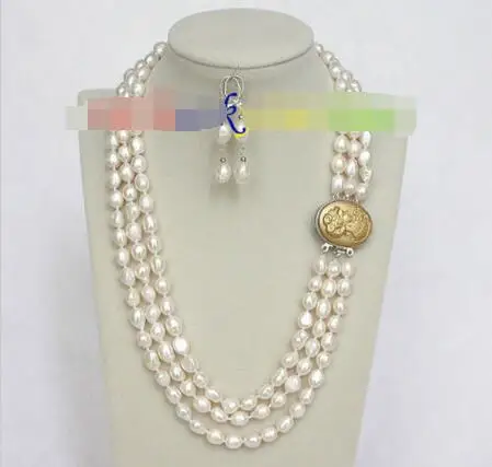 

Hot selling free shipping********20" 3row 12mm baroque white pearls necklace dangle Earring seashell clasp j8488