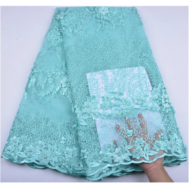 Sky Blue French Lace Fabric 3D Flowers Embroidered African Tulle Lace Fabric With Beads African Lace Fabric For Wedding A1255