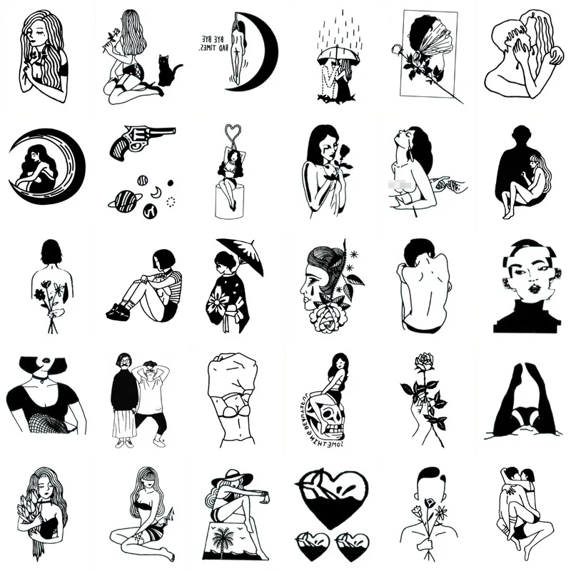 

30pcs/set Temporary Tattoo Sticker Sexy Women Gun Rose Kiss Black Fake Tattoo for Hand body Waterproof Tatouage Temporaire