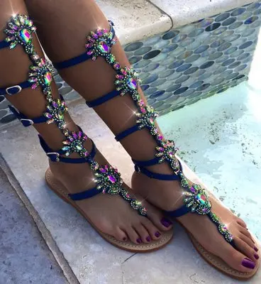 Sandalen Plus Flache Schuhe Schöne Kristall Feminina Frauen Golden Sommer Gladiator Gold blue Sandalia Größe Strass vqqBxw4E