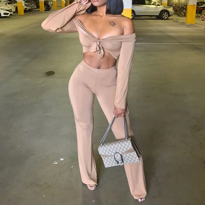 Sexy Deep V Cropped Tops Full Pants 2 Pieces Outfits Women Set Rompers Womens Jumpsuit (2)