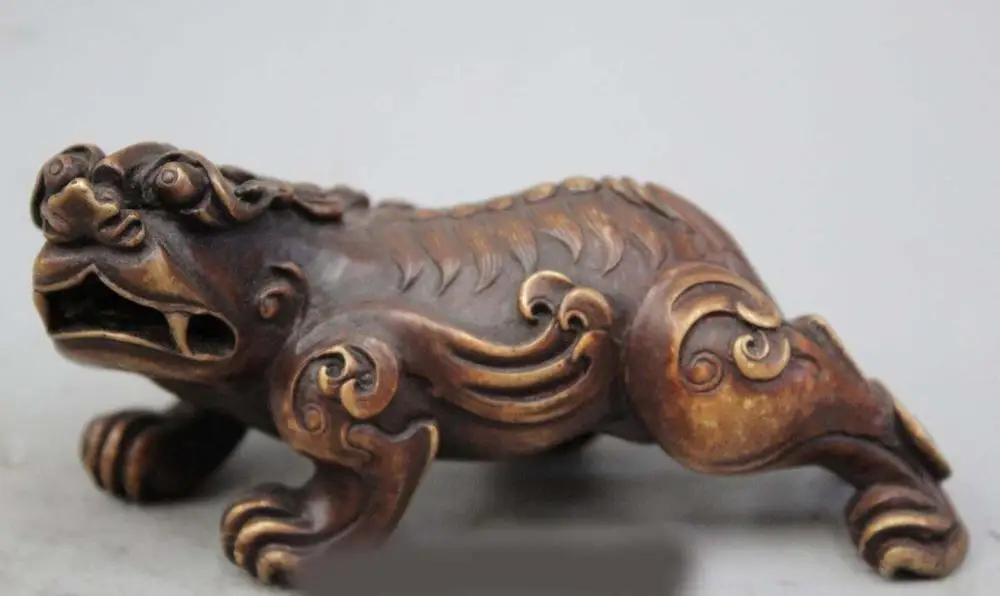 

5" Old China Chinese Folk Bronze Unicorn Beast Pi Xiu Animal Statue Sculpture