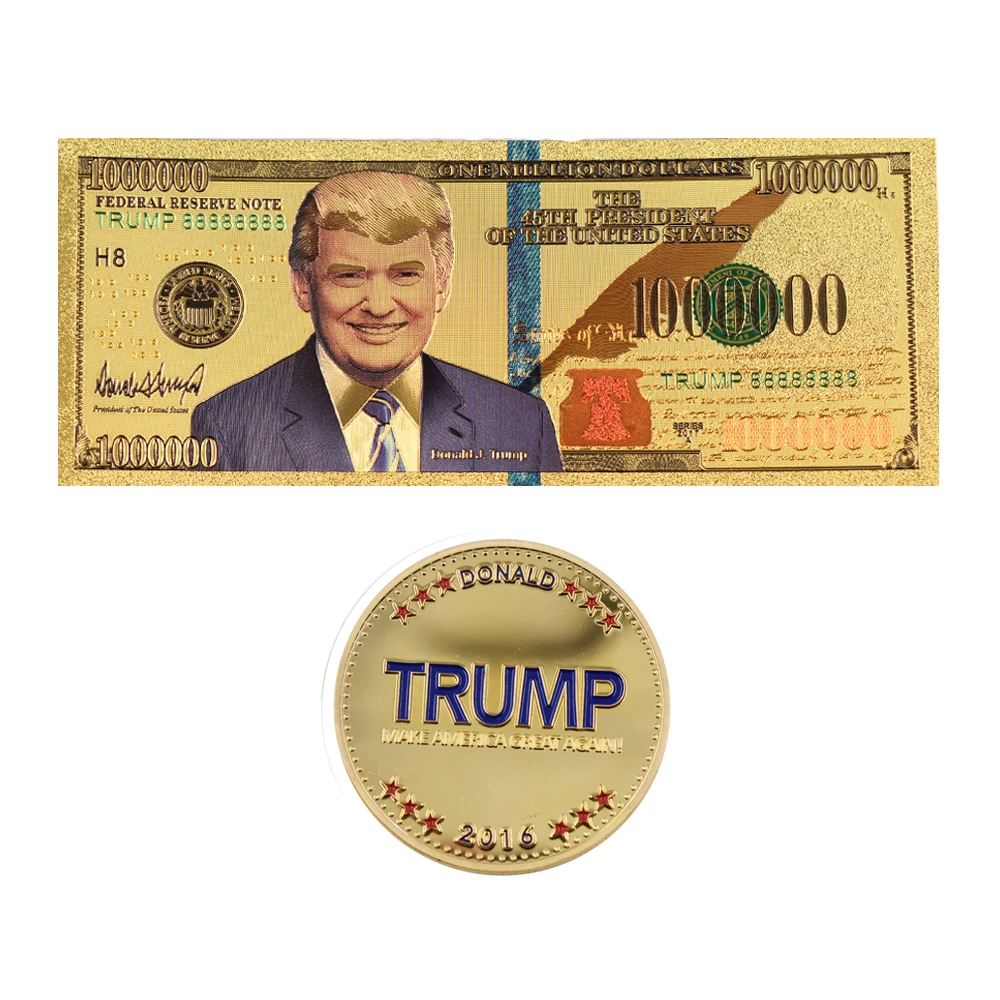 Donald Trump 24K Gold Plated Dollar Bill Gift Shop Money Coin USA Hat Shirt Flag 