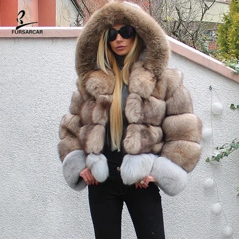 

FURSARCAR Patchwork Blue Fox Fur Winter Coat For Women Winter Hooded Thicken Warm Jacket 2019 Genuine Natural Real Fur Clothing