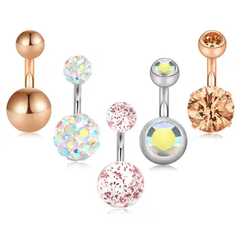 

5 Pcs Short Dangle Belly Button Rings Stainless Steel Ball Navel Piercing Jewelry Lot Women Girls 14G Body Piercing