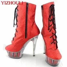Классические пикантные красные туфли на высоком каблуке 15 см; короткие ботинки на платформе с круглым носком; пикантные ботильоны; обувь с кристаллами 6 дюймов