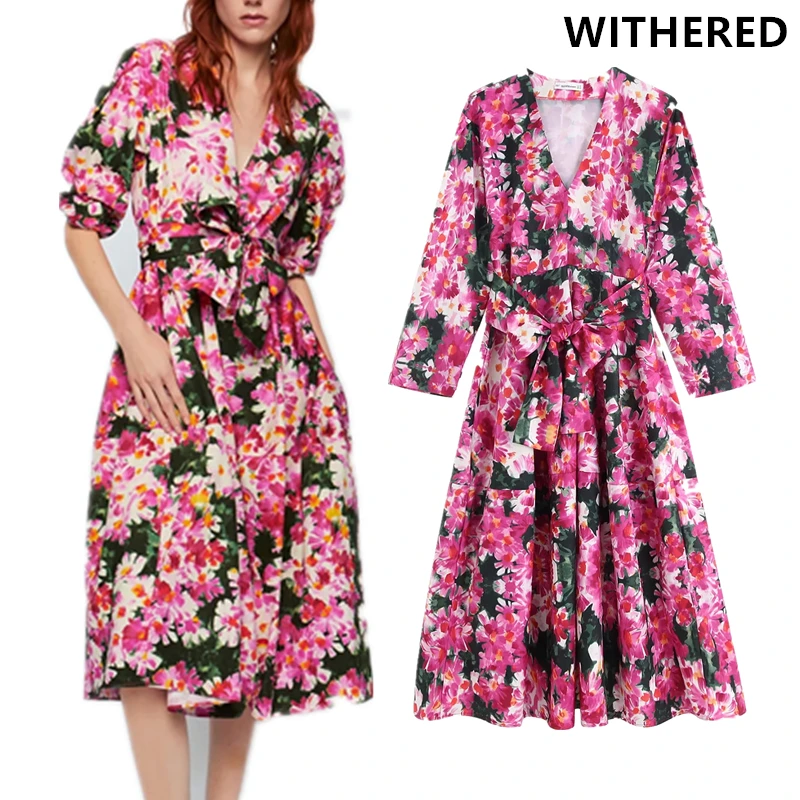 

Withered vintage floral ink printing v-neck sashes party dress women vestidos vestidos de fiesta de noche maxi dress