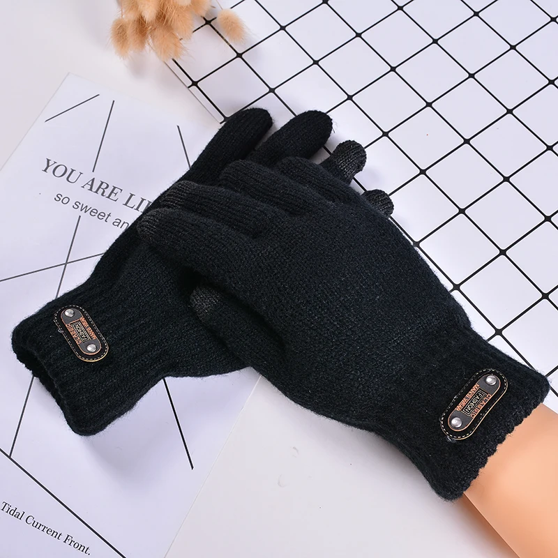 Зимние двухслойные толстые теплые черные вязаные перчатки Зимние перчатки с сенсорным экраном